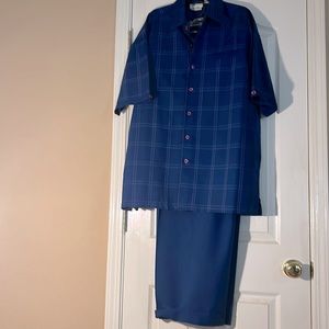 3/4 sleeve 2pc leisure set window pane, design, turquoise, blue cuffed pants